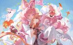  1girl :d absurdres ahoge angelina_(arknights) animal animal_ear_fluff animal_ears animalization arknights black_skirt chinese_commentary cloud commentary_request day drawn_ears fingerless_gloves fox gloves highres holding holding_animal holding_rabbit infection_monitor_(arknights) jacinta_(arknights) knees_up letter long_hair looking_at_viewer material_growth open_mouth orange_gloves oripathy_lesion_(arknights) pink_eyes pink_hair rabbit rabbit_ears rabbit_girl raccoon sitting skirt sky smile sparkle thighhighs thumpy_(arknights) timeslot_(arknights) white_thighhighs yu_yu_luelue 