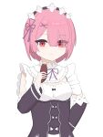  absurdres black_bow bow breasts food hair_ornament hair_ribbon highres maid_headdress pink_hair pink_ribbon ram_(re:zero) re:zero_kara_hajimeru_isekai_seikatsu red_eyes ribbon roasted_sweet_potato roswaal_mansion_maid_uniform see-through_hair short_hair simple_background small_breasts smile sweet_potato user_axxv3282 white_background 