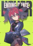  1girl ahoge arm_above_head belt black_belt black_choker black_shirt blue_jacket choker closed_mouth cowboy_shot crop_top double-parted_bangs drill_hair egh_(ssquan) eyelashes green_background grey_shorts grid_background hair_between_eyes highres jacket kasane_teto light_frown looking_at_viewer medium_hair never_ending_dance_(synthesizer_v) open_clothes open_jacket red_eyes red_hair shirt short_shorts shorts sidelocks sleeves_past_fingers sleeves_past_wrists solo song_name synthesizer_v twin_drills utau 