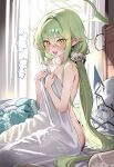  1girl absurdres bite_mark bite_mark_on_shoulder black_tail blue_archive blue_nightgown blue_pajamas blush bra breasts commentary covering_privates covering_with_blanket demon_tail embarrassed fang green_hair green_halo grey_scrunchie hair_between_eyes hair_intakes halo hickey highres implied_after_sex long_hair looking_at_viewer low_side_ponytail morning_after nightgown nose_blush nozomi_(blue_archive) nozomi_(kujibikido)_(blue_archive) nude nude_cover official_alternate_costume official_alternate_hairstyle open_mouth pajamas pointy_ears puff_of_air sak_(lemondisk) scrunchie side_ponytail small_breasts solo surprised tail under_covers underwear untranslatable_commentary unworn_bra unworn_clothes white_bra yellow_eyes 