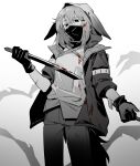  1girl absurdres animal_hood arknights blood blood_in_hair blood_on_clothes blood_on_weapon cowboy_shot crownslayer_(arknights) dopperu_ben gloves greyscale hair_ornament hairclip highres holding holding_knife hood hood_up hooded_jacket hyena_girl hyena_tail jacket knife mask medium_hair monochrome mouth_mask open_clothes open_jacket pants shirt solo spot_color standing weapon 