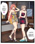  2girls absurdres antenna_hair aqua_eyes arm_under_breasts armpit_crease bangle bare_arms bare_shoulders black_border black_choker blonde_streaks border bracelet braid breasts brown_hair carpet choker cleavage closed_mouth coat_rack collarbone commentary crown_braid double-parted_bangs dress earrings eiyuu_densetsu elaine_auclair english_commentary english_text finger_to_cheek full_body gold_bangle grey_choker grin hair_between_eyes hand_in_own_hair heel_up highres hoop_earrings huffing indoors jar jewelry judith_lanster kai_no_kiseki kuro_no_kiseki_(series) large_breasts leg_up lipstick long_hair makeup medium_breasts mirror multicolored_hair multiple_girls nail_polish off-shoulder_dress off_shoulder one_eye_closed pink_hair pink_lips platform_sandals red_nails sandals short_dress smile sparkle speech_bubble squeeze_bottle standing standing_on_one_leg stool strapless strapless_dress streaked_hair table tareme tube_(container) tube_dress two-tone_hair vanity_table very_long_hair watermark watermark_grid white_border wooden_floor wooden_stool wooden_table yuzukiyo 