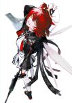  1girl angel_wings arknights black_boots black_gloves boots cen_(acheng02806053) exusiai_(arknights) exusiai_the_new_covenant_(arknights) fingerless_gloves gloves hair_between_eyes halo highres looking_at_viewer medium_hair open_mouth red_hair smile teeth thighhighs thighs v white_background white_thighhighs wings yellow_eyes 