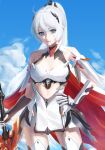  1girl absurdres ahoge armor armored_dress bali_228 blue_eyes blue_sky breasts commentary_request dress gauntlets high_ponytail highres honkai_(series) honkai_impact_3rd kiana_kaslana kiana_kaslana_(herrscher_of_flamescion) large_breasts long_hair looking_at_viewer planted planted_sword ponytail sky solo sword thighhighs thighs very_long_hair weapon white_dress white_hair white_thighhighs 