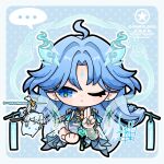  1girl :< ? ahoge animalization artist_logo blue_background blue_eyes blue_hair breasts buling_(wuthering_waves) closed_mouth commentary_request cropped_torso dog-san fiery_horns forehead_tattoo hair_ornament hair_stick hand_up highres horns large_breasts logo long_hair looking_at_animal one_eye_closed qingxiao_(wuthering_waves) solo spoken_question_mark sword sword_fingers tacet_mark_(wuthering_waves) tattoo weapon wuthering_waves 