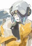  1girl aoki_(fumomo) arknights asbestos_(arknights) baseball_cap black_hair black_shirt blue_hair blue_tongue coat colored_inner_hair colored_tongue commentary_request eyepatch hair_over_one_eye hat headphones highres infection_monitor_(arknights) jacket looking_at_viewer multicolored_hair one_eye_covered open_clothes open_coat open_jacket open_mouth reptile_girl sharp_teeth shirt short_hair simple_background sketch slit_pupils solo teeth two-tone_hair upper_body white_background white_hat yellow_coat yellow_eyes yellow_jacket 