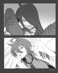  2girls absurdres agnes_tachyon_(tach-nology)_(umamusume) agnes_tachyon_(umamusume) akamura_h between_legs choker commentary english_commentary gloves greyscale hand_on_another's_thigh highres long_hair manhattan_cafe_(creeping_shadow)_(umamusume) manhattan_cafe_(umamusume) monochrome multiple_girls necktie on_bed open_clothes open_mouth open_shirt pantyhose parted_lips pink_eyes smile spot_color umamusume yellow_eyes yuri 