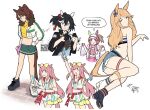  5girls agnes_digital_(full-color_fangirling)_(umamusume) agnes_digital_(umamusume) animal_ears arm_up artist_self-insert ass asymmetrical_footwear bag black_gloves black_hair black_jacket black_shoes blonde_hair blue_eyes blush brick_floor brown_hair closed_eyes commentary cowboy_shot denim denim_shorts english_commentary english_text fingerless_gloves full_body gloves glowstick gold_city_(authentic/1928)_(umamusume) gold_city_(umamusume) green_skirt highres holding holding_bag holding_glowstick horse_ears horse_girl horse_tail horseshoe ines_fujin_(always_electrifying)_(umamusume) ines_fujin_(umamusume) jacket jewelry katsuragi_ace_(dragon_rising_to_the_top)_(umamusume) katsuragi_ace_(umamusume) long_hair mejiro_palmer_(line_breakthrough)_(umamusume) mejiro_palmer_(umamusume) midriff mismatched_footwear multiple_girls necklace open_mouth pink_hair pink_skirt shoes shorts sidelocks simple_background single_fingerless_glove single_glove skirt spanish_text speech_bubble tail tirasumiii umamusume white_background white_gloves white_shoes 