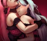  2girls black_choker black_gloves black_hairband blue_eyes blue_hair choker commentary dress emotsper fang gloves hairband hand_in_another's_hair highres hinomori_shizuku long_hair momoi_airi multiple_girls official_alternate_costume official_alternate_hairstyle open_mouth parted_lips pink_dress pink_hair project_sekai red_background romeo_to_cinderella_(vocaloid) smile untranslatable_commentary yuri 