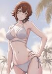  1girl absurdres bikini blue_sky breasts brown_eyes brown_hair cloud cowboy_shot day flipped_hair from_below grand_blue hand_on_own_hip highres kotegawa_chisa looking_at_viewer multi-strapped_bikini_top outdoors palm_tree rina_lan_sur short_hair side-tie_bikini_bottom sky solo swimsuit tree wavy_mouth white_bikini 