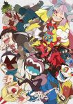  4girls 6+boys alastor_(hazbin_hotel) annotated anpanman armor armored_skirt baikinman bell biting black_eyes black_gloves black_hair black_pants black_shirt blonde_hair blue_eyes blue_hair blue_jacket blue_skin blue_tongue body_markings bokurano bow breastplate chain_chomp chainsaw_man charlotte_(madoka_magica) cheshire_cat_(yugami_no_kuni_no_alice) claw_pose colored_sclera colored_skin colored_teeth colored_tongue commentary_request creature crossover double_bun evil_smile eyepatch facial_mark fedora fins fish_girl gegege_no_kitarou gloves green_hair grey_background grin gyuutarou_(kimetsu_no_yaiba) hair_bow hair_bun hand_up hands_up hat hazbin_hotel head_fins hellaverse highres honeycomb_(pattern) honeycomb_background hood hood_up hoodie horns idia_shroud iono_(pokemon) jacket jingle_bell kimetsu_no_yaiba koyemshi kura_sushi long_hair looking_at_viewer mahou_shoujo_madoka_magica mahou_shoujo_madoka_magica_(anime) majin_tantei_nougami_neuro mario_(series) multicolored_eyes multicolored_hair multiple_boys multiple_girls nail_biting nail_polish nekomusume nekomusume_(gegege_no_kitarou_1) night_raven_college_school_uniform nougami_neuro ohyou_wake one_eye_closed pants pauldrons pink_eyes pink_hair pokemon pokemon_scarlet_and_violet ponytail power_(chainsaw_man) red_bow red_eyes red_hair red_horns red_jacket red_nails red_sclera ringed_eyes saliva school_uniform sharp_teeth shirt short_hair shoulder_armor signature simple_background slit_pupils smile sunglasses teeth topknot topless_male trait_connection twisted_wonderland two-tone_hair undertale undyne utdr_(toby_fox) v-shaped_eyes waruiman white_hair witch_(madoka_magica) yellow_eyes yellow_jacket yellow_sclera yellow_teeth yugami_no_kuni_no_alice 