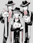  3boys :d animal_hug azul_ashengrotto blush_stickers bow bowtie chiikawa chiikawa_(character) coat coat_on_shoulders cocked_eyebrow collared_shirt commentary_request cowboy_shot crosshatching crossover facing_viewer fedora floyd_leech formal_clothes glasses gloves grey_background greyscale hachiware_(chiikawa) hand_up hat hat_bow hat_loss hatching_(texture) high-waist_pants highres holding jacket jade_leech looking_at_another looking_at_viewer male_focus mole mole_under_mouth monochrome multicolored_hair multiple_boys octavinelle_dorm octavinelle_dorm_uniform open_clothes open_jacket pants partially_unbuttoned raised_eyebrows rectangular_eyewear scruffing sharp_teeth shirt shirt_tucked_in simple_background small_sweatdrop smile spot_color stole straight-on streaked_hair suit_pants teeth tunnel_shima twisted_wonderland undone_bowtie usagi_(chiikawa) wingtip_collar 