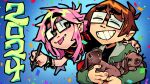  1boy 1girl 2024 brown_fur brown_hair commentary confetti dav_(krooked_glasses) english_commentary fang glasses green_hoodie grin heart heart-shaped_pupils holding holding_marker hood hoodie lythero marker open_clothes open_hoodie original pink_hair rabbit short_hair smile symbol-shaped_pupils tongue tongue_out 