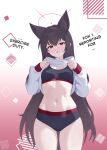  1girl :o absurdres animal_ear_fluff animal_ears black_bra black_hair black_panties blue_archive blush bra breasts cawl clothes_lift commentary cowboy_shot english_commentary english_text extra_ears fox_ears fox_girl halo highres hood hoodie hoodie_lift long_hair looking_at_viewer navel no_pants no_shirt open_mouth panties red_eyes red_halo small_breasts solo sports_bra stomach sweatdrop throat_microphone toned toned_female underwear white_hoodie yukino_(blue_archive) 