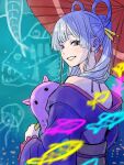  1girl bare_shoulders blue_eyes cho_kaguya-hime! commentary eyebrows_hidden_by_hair from_side grey_hair hair_ornament hair_rings hair_stick highres holding holding_umbrella japanese_clothes kimono looking_at_viewer obi off_shoulder oil-paper_umbrella parted_lips purple_kimono runami_yachiyo sash smile solo tanukichi_mingo thick_eyebrows twintails umbrella umbrella_octopus upper_body 