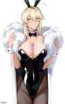  1girl animal_ear_hairband animal_ears artist_name artoria_pendragon_(fate) artoria_pendragon_(lancer)_(fate) black_bow black_bowtie black_leotard blonde_hair blue_eyes bow bowtie breasts cleavage commentary detached_collar english_commentary fake_animal_ears fate/grand_order fate_(series) fishnet_pantyhose fishnets full_cleavage fur_trim hairband highleg highleg_leotard highres large_breasts leotard long_hair looking_to_the_side low_neckline pantyhose playboy_bunny rabbit_ears solo strapless strapless_leotard zealyush 