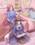  2girls :d absurdres alternate_costume bed bedroom black_hair black_shirt blanket blue_coat blue_eyes blue_shirt blunt_ends blunt_sidelocks book cabinet coat commentary diana_venicia drill_hair drill_sidelocks english_commentary eva_tsunaka frilled_necktie glasses gradient_hair hairband highres holding holding_another's_hair holding_book holding_brush long_hair long_sleeves low_twintails mino_mitsuna multicolored_hair multiple_girls one_eye_closed open_mouth pillow pink_eyes pink_hair project:_eden's_garden reading red_hairband shirt short_sleeves sidelocks sitting smile twintails very_long_hair white_hair yellow_hairband 