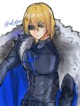  1boy absurdres armor belt black_armor blonde_hair blue_cape blue_eyes breastplate cape closed_mouth commentary_request cowboy_shot dimitri_alexandre_blaiddyd dimitri_alexandre_blaiddyd_(timeskip) double-parted_bangs eyepatch fire_emblem fire_emblem:_three_houses fur-trimmed_cape fur_trim hair_behind_ear hair_between_eyes highres looking_to_the_side male_focus one_eye_covered short_hair sideways_glance simple_background solo twitter_username white_background white_fur zel_0921 