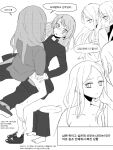  ... 2girls bang_dream! bang_dream!_it's_mygo!!!!! barefoot blush breasts chihaya_anon cleavage closed_mouth commentary_request gakuran greyscale hand_on_another's_cheek hand_on_another's_face hand_on_another's_thigh highres korean_commentary korean_text long_hair lying monochrome multiple_girls nagasaki_soyo on_back s0y0ring school_uniform spoken_ellipsis straddling sweat translation_request yuri 