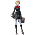  1girl aigis_(persona) android aqua_eyes arknights bag black_hairband black_jacket black_skirt black_socks blonde_hair bow bowtie brown_bag brown_shoes collared_shirt full_body game_asset gekkoukan_high_school_uniform gloves hair_between_eyes hairband highres holding holding_bag jacket kneehighs loafers looking_at_viewer non-web_source official_art pants parted_lips persona persona_3 persona_3_reload red_bow red_bowtie robot_ears school_bag school_uniform shirt shoes short_hair simple_background skirt socks solo standing studio_montagne tachi-e transparent_background white_gloves white_pants white_shirt 