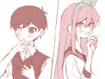  1boy 1girl antenna_hair aubrey_(faraway)_(omori) aubrey_(omori) black_eyes black_hair black_sweater_vest blue_eyes blush bright_pupils collared_shirt commentary_request double-parted_bangs hair_between_eyes highres jacket kodomo_doushi limited_palette long_sidelocks long_sleeves looking_at_viewer omori open_mouth parted_lips pink_hair satsuki_1243 shirt short_sleeves sidelocks spoilers sunny_(omori) sweat sweater_vest white_eyes white_jacket white_pupils white_shirt 