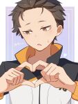  1boy black_hair brown_eyes commentary_request highres male_focus natsuki_subaru open_mouth re:zero_kara_hajimeru_isekai_seikatsu short_hair solo sweatdrop track_suit upper_body yucchiimi 
