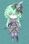  1girl arm_up armor artist_name bare_shoulders black_armor black_boots black_cape black_gloves black_skirt blush boots bow braid cape chibi closed_mouth commentary_request crossed_bangs dress fascinator fire_emblem fire_emblem:_fortune's_weave fishnet_pantyhose fishnets flower full_body gloves green_background green_eyes green_hair hair_between_eyes hat hat_bow hat_feather hat_ribbon highres long_sidelocks looking_at_viewer mini_hat ninae_(fire_emblem) off_shoulder pantyhose ribbon short_hair_with_long_locks shoulder_armor side_braid sidelocks signature skirt solo yuyumi_(yuurei) 