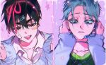  2boys alien_stage bandaid bandaid_on_face black_eyes black_hair choker commentary earrings gauze gauze_on_cheek green_eyes green_shirt grey_choker grey_hair grey_sweater hair_ornament hairclip headset heart heart-shaped_pupils highres ivan_(alien_stage) ivan_(decora)_(alien_stage) jewelry male_focus microphone multiple_boys official_alternate_costume pink_ribbon potgaiii red_pupils ribbon shirt short_hair sweater symbol-shaped_pupils thick_eyebrows till_(alien_stage) untranslatable_commentary very_short_hair 