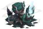  black_sclera blue_fire claws colored_sclera fire full_body grass hftran1203 highres leaf no_humans one-eyed pokemon pokemon_(creature) pokemon_focus red_eyes smoke solo tombstone tree tree_stump trevenant 