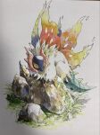  blue_tail bug cross-shaped_pupils grass highres insect_wings izumi_asuka moth moth_wings multiple_wings no_humans orange_wings pokemon pokemon_(creature) pokemon_focus rock slither_wing solo symbol-shaped_pupils tail traditional_media white_background white_fur wings yellow_eyes 