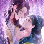  1boy 1girl 9ru_ki aqua_hair beads blue_eyes blurry blurry_foreground chinese_clothes commentary_request earrings eyeshadow falling_petals flower hair_beads hair_ornament half_updo hand_on_another's_chin hetero highres jewelry jinshi_(kusuriya_no_hitorigoto) kusuriya_no_hitorigoto makeup maomao_(kusuriya_no_hitorigoto) parted_bangs parted_lips petals pink_eyes purple_hair red_eyeshadow twitter_username upper_body wisteria 