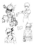  1boy adjusting_sleeves arms_at_sides bakugou_katsuki bare_shoulders belt_buckle blank_eyes boku_no_hero_academia boots buckle closed_mouth collarbone commentary covered_mouth cropped_legs crosshatching detached_sleeves dkyoudai dressing explosive eye_mask flying gloves grenade greyscale grid_teeth grin hair_between_eyes half-closed_eye hands_up hatching_(texture) head_tilt headgear high_collar highres knee_boots knee_pads knees_up linear_hatching lineart looking_at_hand looking_at_viewer looking_down looking_to_the_side male_focus mask medium_sideburns monochrome multiple_expressions multiple_views open_hand outstretched_arms outstretched_hand pants pants_tucked_in pectoral_cleavage pectorals profile scowl short_hair sideburns sideways_glance simple_background single_horizontal_stripe smile snap-fit_buckle spiked_hair tank_top torn_mask tsurime uneven_eyes v-neck v-shaped_eyebrows white_background wrist_guards 
