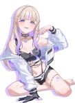  1girl absurdres arm_strap barefoot black_collar black_sports_bra blonde_hair blunt_bangs collar colored_inner_hair commentary_request cropped_jacket earrings flat_chest full_body gloves gradient_hair hand_up highleg highleg_panties highres hololive hololive_dev_is jacket jewelry long_hair long_sidelocks looking_at_viewer multicolored_hair navel off_shoulder official_alternate_costume official_alternate_hairstyle open_mouth panties panty_straps pendant_collar purple_eyes purple_hair purple_streaks shorts sidelocks simple_background single_glove sitting solo sports_bra star_pendant stomach streaked_hair thighlet toa_inusuki todoroki_hajime todoroki_hajime_(black_aurora) toes tongue tongue_out torn_clothes torn_shorts underwear virtual_youtuber white_background white_jacket yokozuwari 