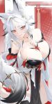  1girl absurdres animal_ear_fluff animal_ears black_dress breasts chest_tattoo chinese_commentary cleavage closed_mouth commentary_request dated dress fox_ears fox_girl fox_tail hair_ornament highres hsin_(wuthering_waves) jijing_zishui kneeling large_breasts long_hair looking_at_viewer orange_eyes signature smile solo tail tattoo white_hair wuthering_waves 