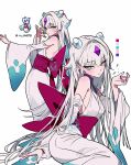  1girl absurdres backless_kimono blue_eyes blunt_sidelocks blush breasts color_guide detached_sleeves dixretsa earrings froslass gem grey_hair grey_sleeves hair_flaps hair_intakes hands_up highres ice_horns japanese_clothes jewelry kimono long_hair looking_at_viewer medium_breasts multicolored_eyes nail_polish obi personification pokemon purple_gem purple_nails sash sideboob sidelocks simple_background sleeveless sleeveless_kimono tsurime two-tone_eyes watermark white_background white_kimono wide_sleeves yellow_eyes 