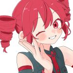  1girl bare_shoulders blush breast_pocket buttons collared_shirt commentary_request detached_sleeves drill_hair grey_shirt grey_sleeves grin hand_up highres kasane_teto kasane_teto_(utau) komori_kamome looking_at_viewer one_eye_closed pocket red_eyes red_hair red_trim shirt sidelocks simple_background sleeveless sleeveless_shirt smile solo twin_drills utau white_background wing_collar 