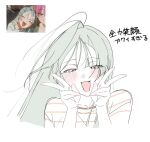  1girl alien_stage commentary_request double_v fang grey-haired_girl_(alien_stage) grey_hair half-closed_eyes highres long_hair loose_hair_strand open_mouth pink-haired_child_(alien_stage) reference_inset sen_t_monn shirt smile solo striped_clothes striped_shirt translated v yellow_eyes 