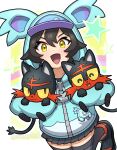  1girl :d absurdres black_hair black_skirt black_thighhighs blue_hoodie character_doll commentary_request doll hair_between_eyes highres holding holding_pokemon hood hood_up hoodie litten litten_smitten long_sleeves looking_at_viewer nidothing open_mouth partial_commentary paypayapple008 pleated_skirt pokemon pokemon_(anime) pokemon_(creature) pokemon_horizons shoes skirt smile star_(symbol) thighhighs twitter_username yellow_eyes zipper_pull_tab 