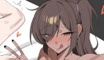  2girls after_sex bed black_nails blush brown_hair closed_mouth commentary cropped earrings futa_with_female futanari goddess_of_victory:_nikke hair_over_one_eye heart highres jewelry licking_lips mole mole_under_mouth multiple_girls naga_(nikke) nude out-of-frame_censoring paid_reward_available selfie side_ponytail sweat tia_(nikke) tongue tongue_out v ysz 
