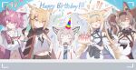  ! 5girls :d ^_^ absurdres aged_up ahoge angelina_(arknights) angelina_the_mellow_wish_(arknights) animal_ear_piercing animal_ears arknights bare_shoulders birthday_party black_cape black_gloves black_hairband black_pants blonde_hair blue_eyes blue_shirt blush blush_stickers breasts brown_hair cake cape closed_eyes clothing_cutout commentary confetti dress earpiece emphasis_lines food fox_ears fox_girl fox_tail gloves grey_hair hair_down hair_ornament hairband hairclip hand_up happy_birthday hat height_chart highres holding holding_cake holding_food jacket jewelry kitsune long_hair material_growth medium_breasts midriff multicolored_hair multiple_girls multiple_tails nalphanne navel necklace notched_ear official_alternate_costume open_clothes open_jacket oripathy_lesion_(arknights) pants party_hat party_horn pink_eyes pink_hair shamare_(arknights) shirt short_hair shoulder_cutout skull_hair_ornament sleeveless sleeveless_dress small_breasts smile strapless streaked_hair sussurro_(arknights) suzuran_(arknights) tail tooth_necklace tube_top twintails untranslatable_commentary v vermeil_(arknights) viewfinder white_dress white_jacket white_shirt white_streaks wide-eyed yellow_eyes 