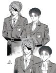  1boy 1other arms_behind_back commentary_request eyepatch glasses hange_zoe height_difference highres korean_commentary korean_text levi_(shingeki_no_kyojin) military_uniform mimyo_(wyaox2) paradis_military_uniform ponytail shingeki_no_kyojin smile survey_corps_(emblem) translation_request 