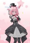  1girl :d absurdres animal_ear_fluff animal_ears black_headband black_overskirt blue_archive blue_eyes blue_halo blush cawl choker commentary cosplay dress english_commentary flower fox_ears fox_girl frilled_choker frilled_dress frills front-seamed_legwear grey_dress grey_feathers halo hat hat_flower headband heart heart_hands highres idol idol_clothes looking_at_viewer mari_(blue_archive) mari_(blue_archive)_(cosplay) mari_(idol)_(blue_archive) mini_hat mini_top_hat niko_(blue_archive) pink_hair seamed_legwear short_hair sleeveless sleeveless_dress smile solo top_hat 