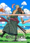  1girl 2boys beer_mug boots cloud commentary_request copyright_name cup floating_hair green_hair green_kimono haramaki holding holding_cup japanese_clothes kimono male_focus monkey_d._luffy mug multiple_boys nami_(one_piece) official_art one_eye_closed one_piece one_piece_card_game orange_hair out_of_frame outdoors roronoa_zoro sakiko_(oxab_b) sandals sash scar scar_across_eye scar_on_face smoke stitched_torso stitches 
