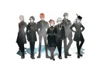  1girl 6+boys black_boots black_coat black_gloves black_hair black_jacket black_pants black_pantyhose black_shoes blue_eyes blue_necktie boots bow bowtie closed_mouth coat full_body gloves green_bow green_bowtie green_eyes grey_eyes hands_on_own_hips highres jack_jeanne jack_jeanne_1st_anniversary jacket jacket_on_shoulders medium_hair multiple_boys mutsumi_kai necktie neji_kokuto official_art orimaki_suzu pants pantyhose pink_hair red_eyes red_hair red_necktie shadow shirota_mitsuki shoes short_hair simple_background smile tachibana_kisa takashina_sarafumi transparent_background white_hair yellow_eyes yellow_necktie yonaga_soshiro 