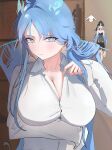  1girl absurdres alternate_costume blue_eyes blue_hair blush breasts cleavage closed_mouth commentary_request fiery_horns forehead_tattoo hair_intakes highres horns large_breasts pajamas polekuki qingxiao_(wuthering_waves) solo tattoo wuthering_waves yangyang_(wuthering_waves) 