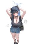  1girl absurdres adjusting_hair alternate_costume bag black_choker black_shirt black_shoes blue_archive blue_eyes blue_hair blue_halo blue_shorts breasts choker commentary_request denim denim_shorts full_body hair_intakes halo high_ponytail highres holding holding_bag kono_(xerondan321) large_breasts long_hair looking_at_viewer multicolored_hair ponytail saori_(blue_archive) shirt shoes shorts simple_background solo two-tone_hair very_long_hair white_background 