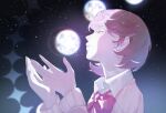  1girl absurdres bow bowtie brown_hair cardigan choker closed_eyes closed_mouth collar collared_shirt commentary earrings flipped_hair from_side full_moon gekkoukan_high_school_uniform gghost hands_up head_tilt heart heart_choker highres jewelry loose_bowtie moon moonlight night open_hands persona persona_3 pink_cardigan profile red_bow red_bowtie ribbed_cardigan school_uniform shirt sky star_(sky) starry_sky stud_earrings takeba_yukari upper_body white_shirt wing_collar 