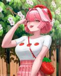  1girl alternate_costume animal_ear_fluff animal_ears artist_name bag bracelet breasts collarbone commentary english_commentary fangs fence flower food fruit hairband handbag hat highres holding holding_food holding_fruit hololive hololive_english jewelry looking_at_viewer medium_hair nihto open_mouth outdoors pink_hair raora_panthera shirt short_sleeves solo standing strawberry strawberry_bag strawberry_hat tongue tongue_out virtual_youtuber white_flower white_hairband white_shirt wooden_fence 