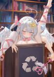  1girl absurdres ahoge ankle_ribbon book bookshelf breasts defeat feathered_wings grey_hair hair_ornament heart heart-shaped_pupils heart_ahoge highres holding holding_wand hypnosis large_breasts leg_ribbon library long_hair magical_girl mind_control niliu_chahui open_mouth original pink_hair ribbon ringed_eyes solo symbol-shaped_pupils thighhighs tokisaki_mio_(niliu_chahui) trash_can wand white_wings wings 