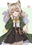  1girl :d animal_ear_fluff animal_ears arknights belt blonde_hair blush bow bowtie chinese_commentary commentary_request cowboy_shot dog_ears dog_girl flower green_background green_eyes green_jacket hair_between_eyes highres infection_monitor_(arknights) jacket long_sleeves looking_at_viewer medium_hair open_clothes open_jacket open_mouth podenco_(arknights) purple_flower reaching reaching_towards_viewer see-through_clothes shirt skirt smile solo teeth upper_teeth_only utility_belt vial white_shirt yellow_bow yellow_bowtie yellow_flower zerosama_(sailuojiang) 